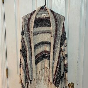BiBi Cream and Burgundy Duster Cardigan with Fringe